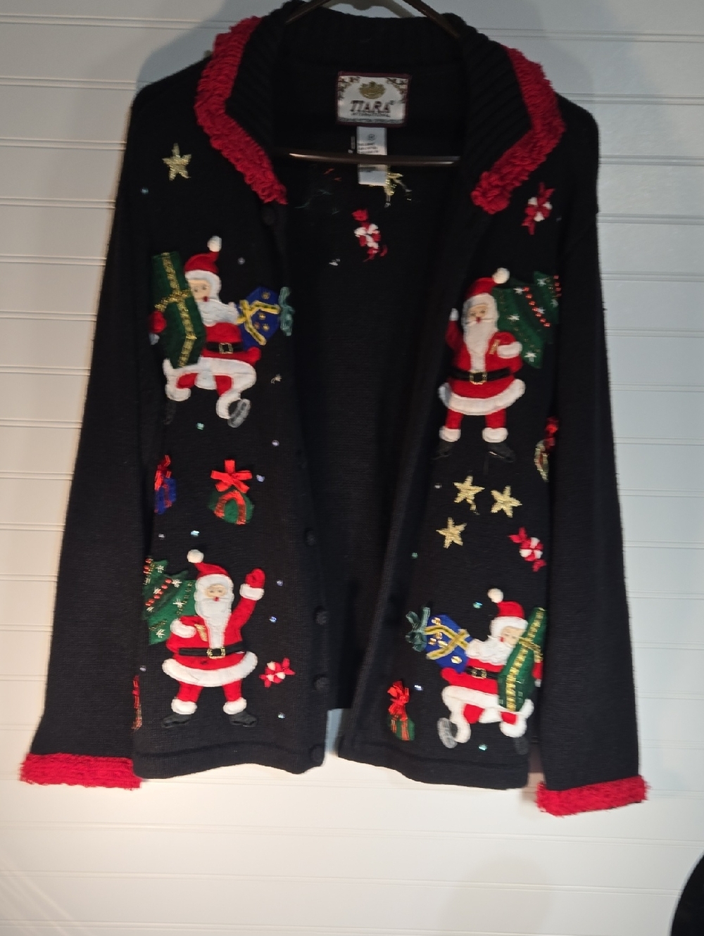 Tiara Black Holiday Santa Cardigan with Red Trim and Multicolor Embroidery